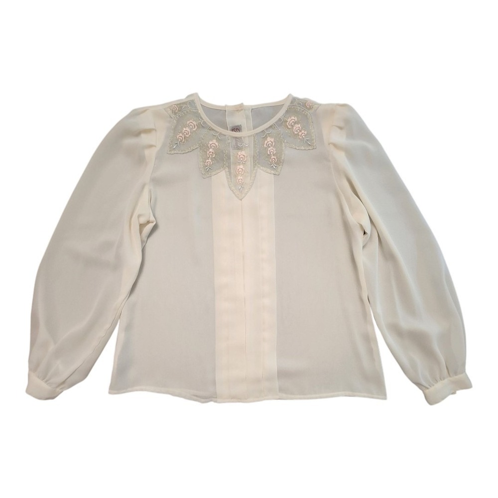 Vintage Ivory Victorian Semi Sheer Lace Flower Bib Floral Coquette Blouse Medium